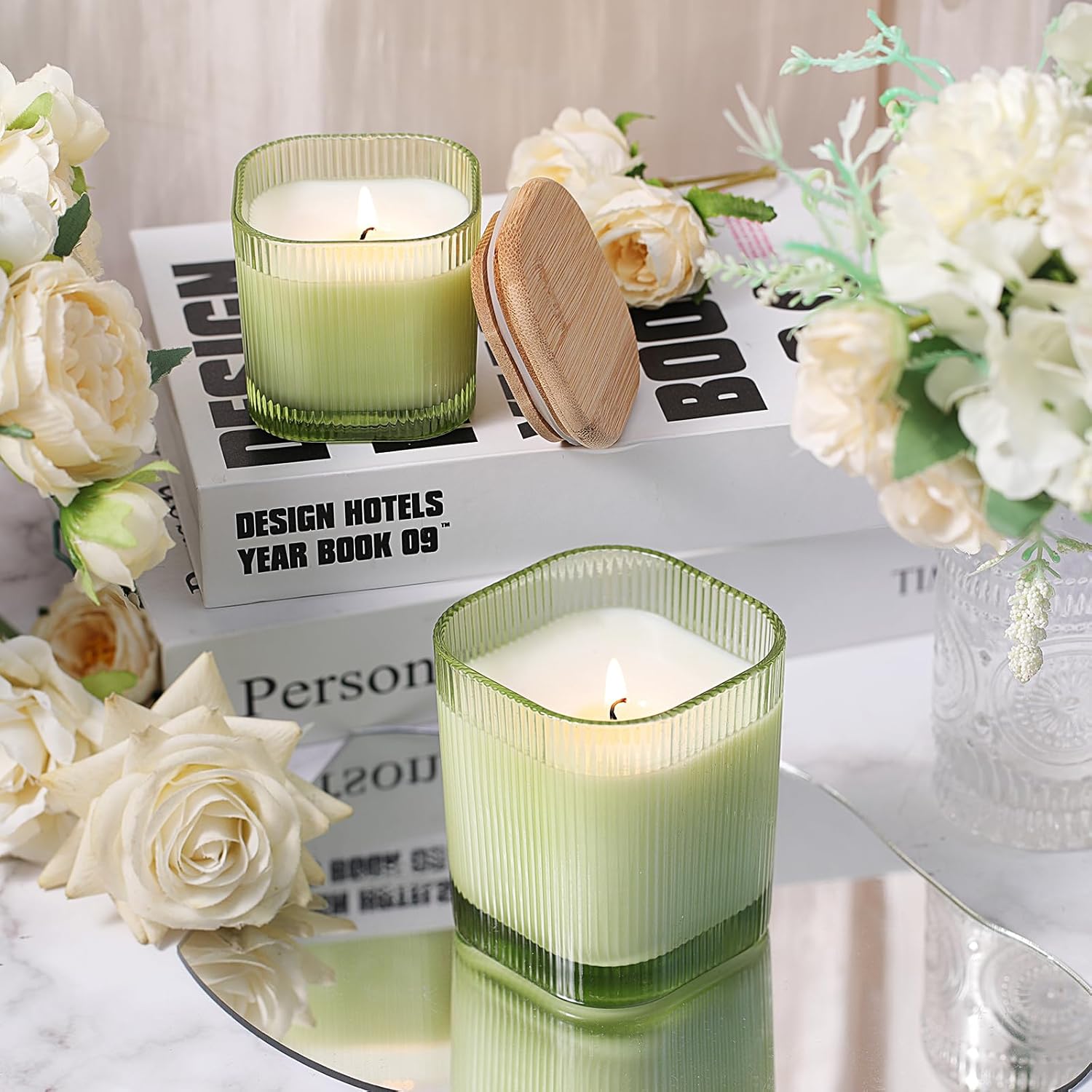 12oz Candle Jars for Making Candles, 12 Pack Green Glass Empty Candle Jars with Bamboo Lids and Sticky Labels, Candle Jar for Making Supplies, DIY Gift and Home Decor, Sample Container