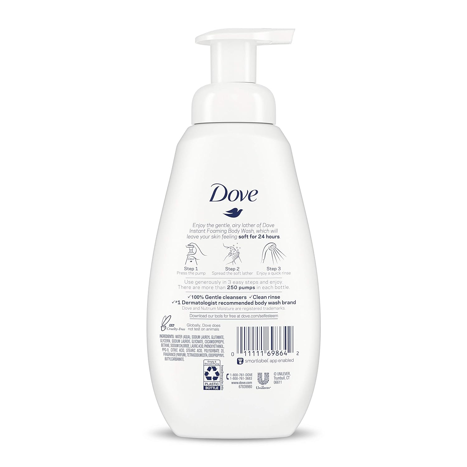 Dove Instant Foaming Body Wash 4 Count for Softer and Smoother Skin Sensitive Skin Effectively Washes Away Bacteria While Nourishing Your Skin 13.5 oz