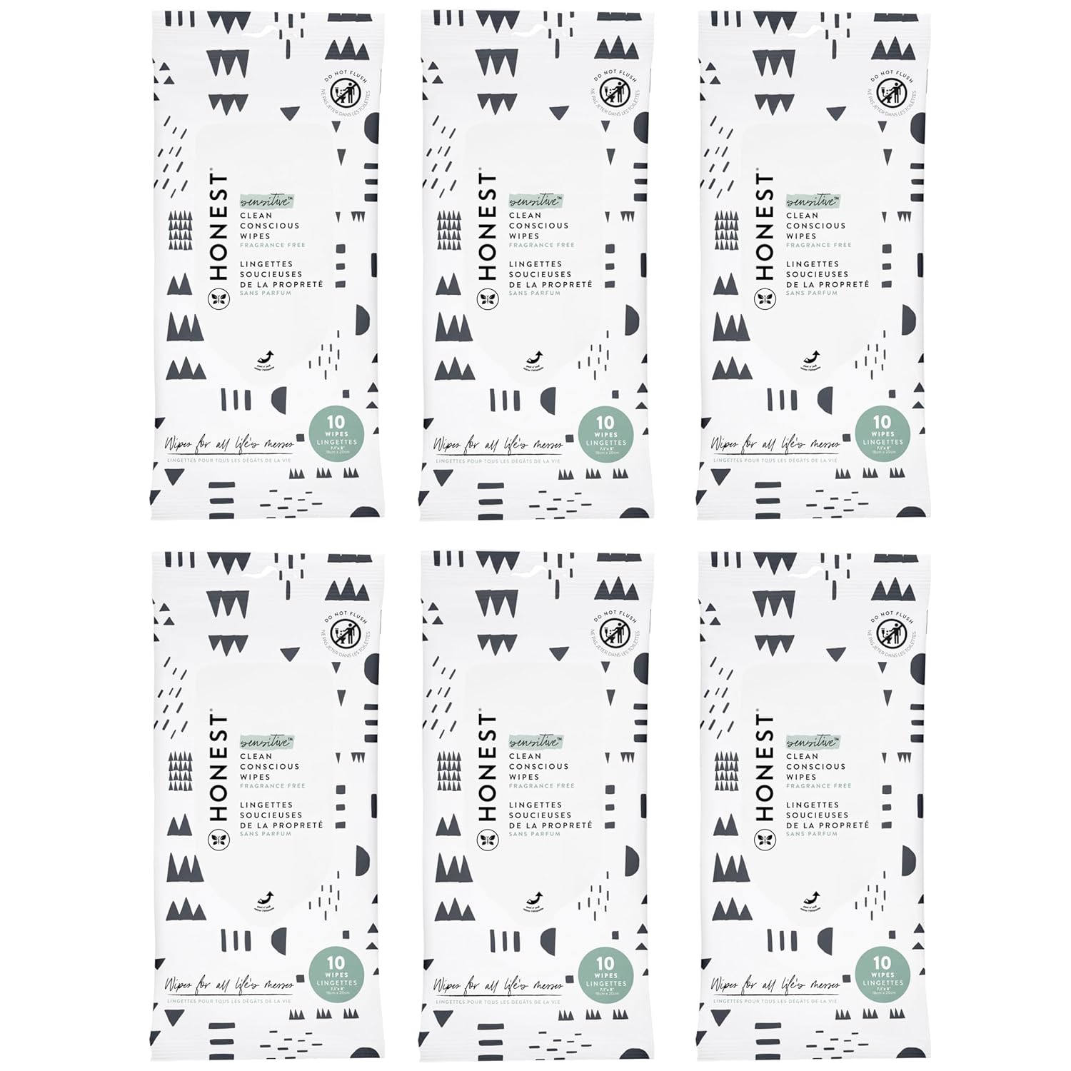 The Honest Company Clean Conscious Multi-Use Wipes | Hypoallergenic + Unscented for Sensitive Skin | Over 99% Water, Compostable, Plant Based, Baby Wipes | Pattern Play, 10 Count (Pack of 6)