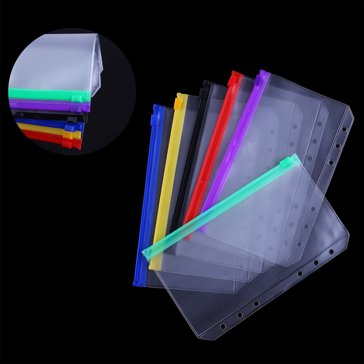 Antner 12PCS A6 Binder Pockets 6-Hole Budget Cash Envelopes Multicolor Zipper Money Organizer for Cash Stuffing, Waterproof PVC A6 Planner Inserts Binder Pouches Loose Leaf Document Storage Bags