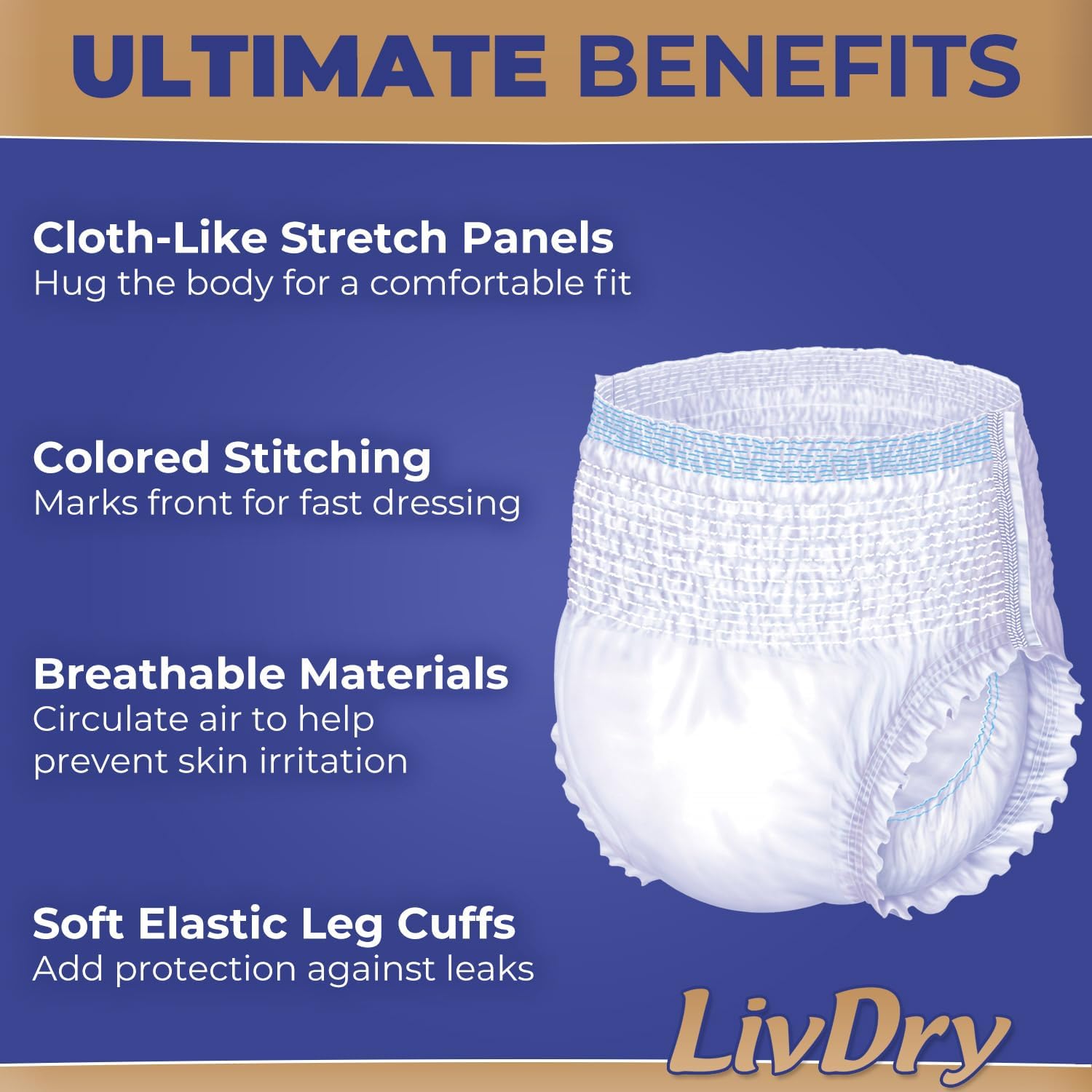 LivDry Ultimate 2XL Adult Incontinence Underwear, Max Absorbant Diapers for Women and Men, XXL 60” -80