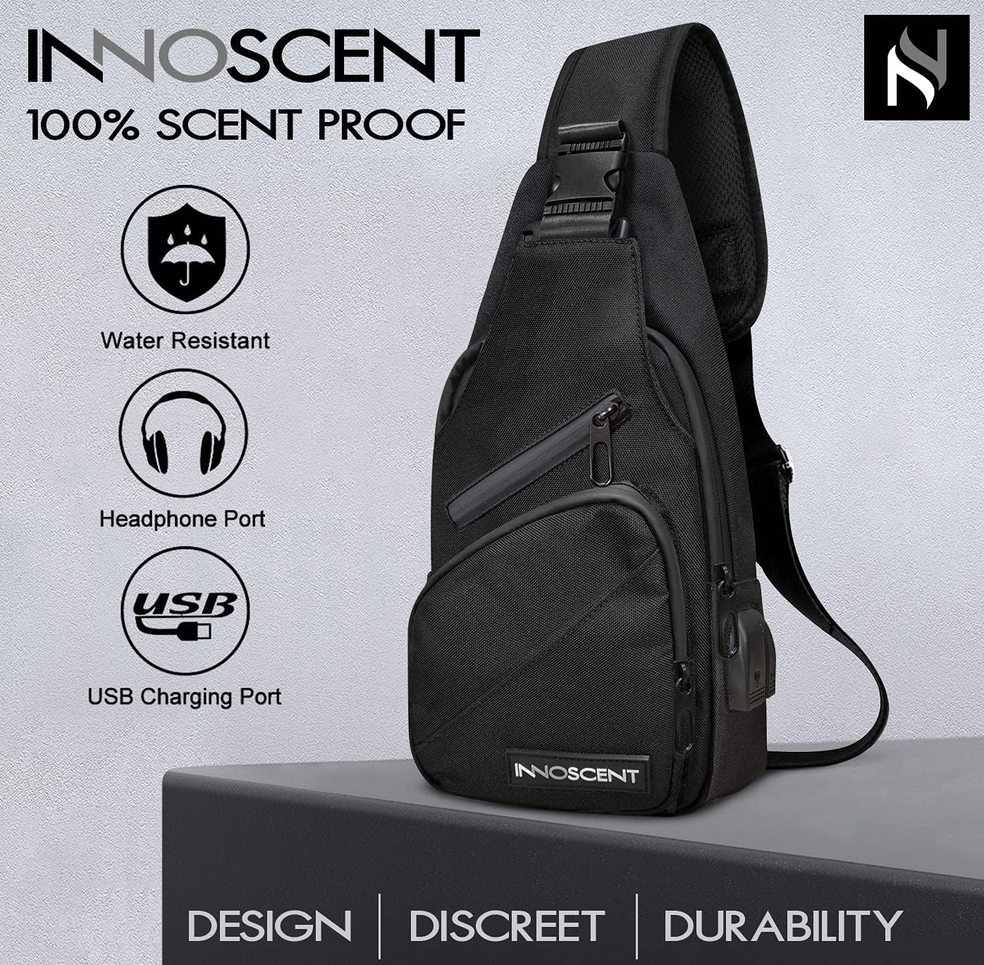 Smell Proof Sling Bag Backpack - COMBINATION LOCK - Shoulder Crossbody Bag With USB/Headphone Charging Port Black