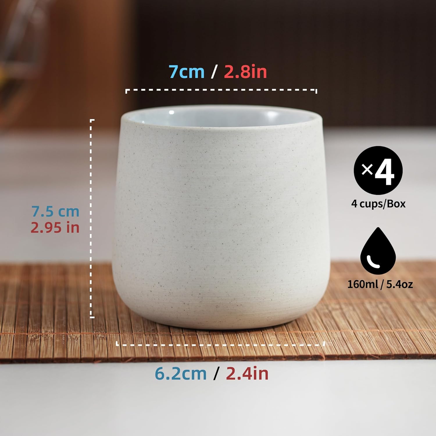 TEANAGOO Japanese Tea Cups, Chinese Tea Cup, 7.2Oz / 205 Ml, Ceramic Tea Cups for Adults, Ceramic Cups no Handles, Japanese Cups, Matcha Cup, Lt.Grey, 4 Pcs/Box, H5 4 Cups, 205 ml each Lt.Grey