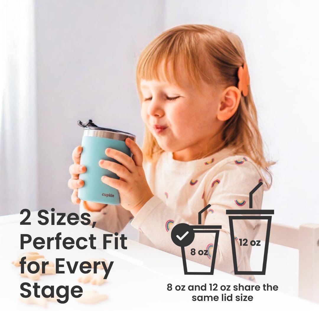 CUPKIN Toddler Cups with Straws, The Original 8 oz Stackable Stainless Steel Baby Straw Cup, Set of 2 Kids Cups, Powder Coated Insulated Kids Tumblers, No BPA Lids + Silicone Straws (Blue + Green) 8 Fl Oz (Pack of 2) Blue + Green