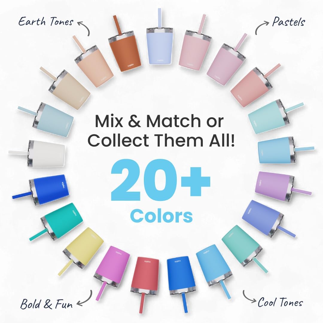 CUPKIN Toddler Cups with Straws, The Original 8 oz Stackable Stainless Steel Baby Straw Cup, Set of 2 Kids Cups, Powder Coated Insulated Kids Tumblers, No BPA Lids + Silicone Straws (Blue + Green) 8 Fl Oz (Pack of 2) Blue + Green