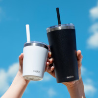 CUPKIN Toddler Cups with Straws, The Original 8 oz Stackable Stainless Steel Baby Straw Cup, Set of 2 Kids Cups, Powder Coated Insulated Kids Tumblers, No BPA Lids + Silicone Straws (Blue + Green) 8 Fl Oz (Pack of 2) Blue + Green