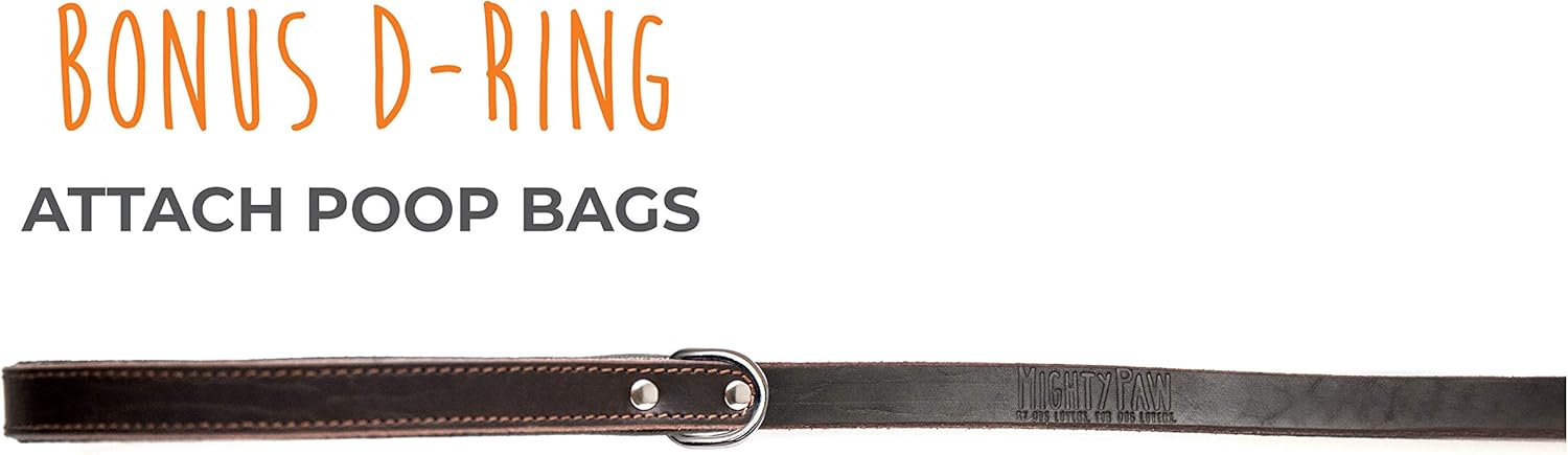 Mighty Paw Leather Dog Leash for Large Breeds - Soft Padded Handle - Extra D-Ring for Waste Bags - Strong Climbers Clip - 6 Ft Dog Leashes for Large Breeds - Leather Lead - Brown