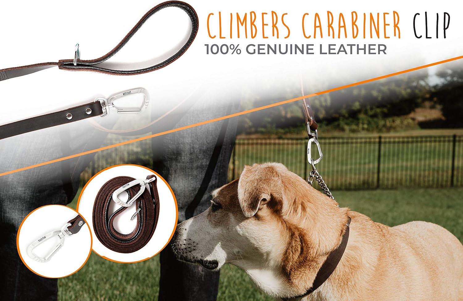 Mighty Paw Leather Dog Leash for Large Breeds - Soft Padded Handle - Extra D-Ring for Waste Bags - Strong Climbers Clip - 6 Ft Dog Leashes for Large Breeds - Leather Lead - Brown