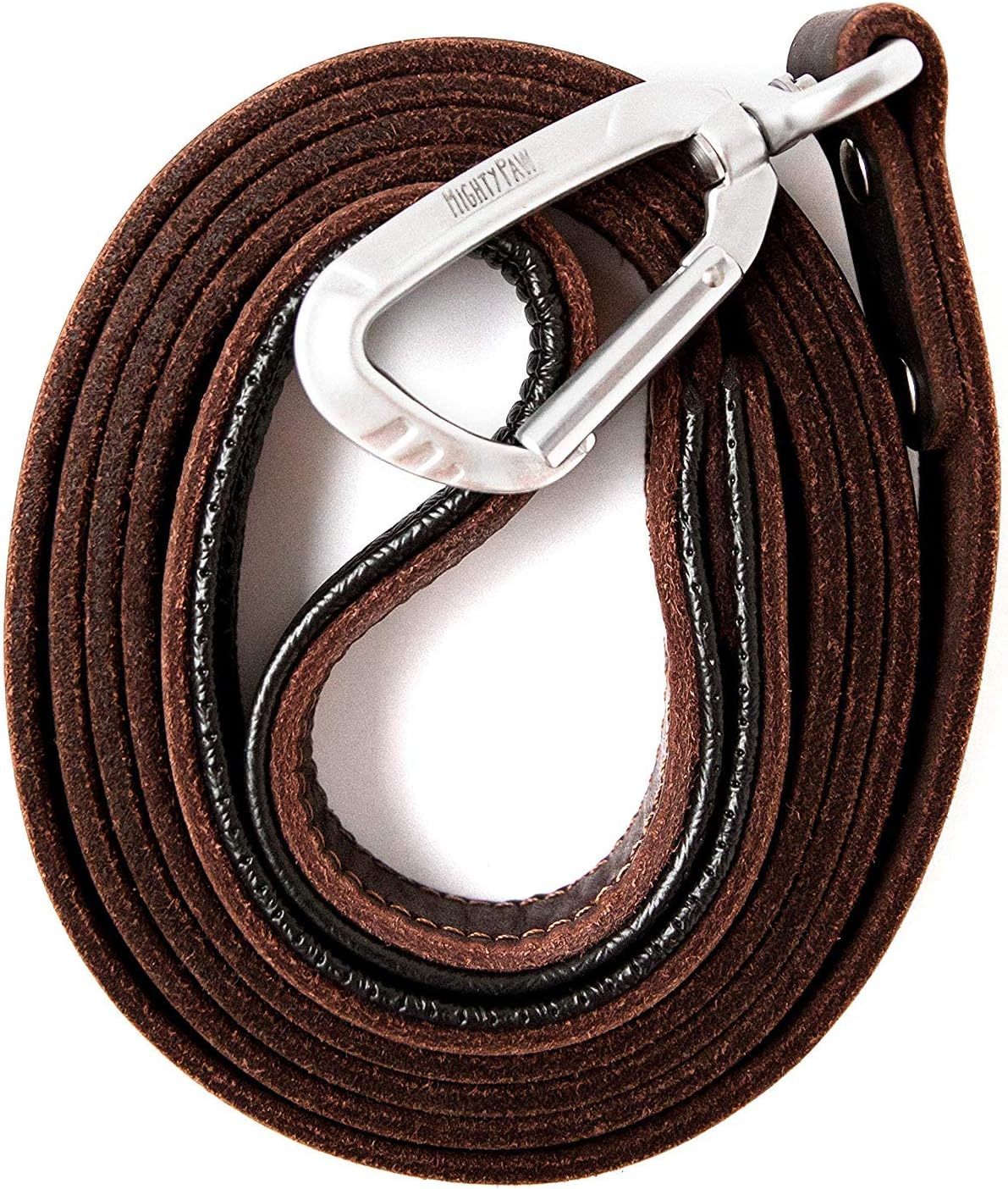 Mighty Paw Leather Dog Leash for Large Breeds - Soft Padded Handle - Extra D-Ring for Waste Bags - Strong Climbers Clip - 6 Ft Dog Leashes for Large Breeds - Leather Lead - Brown