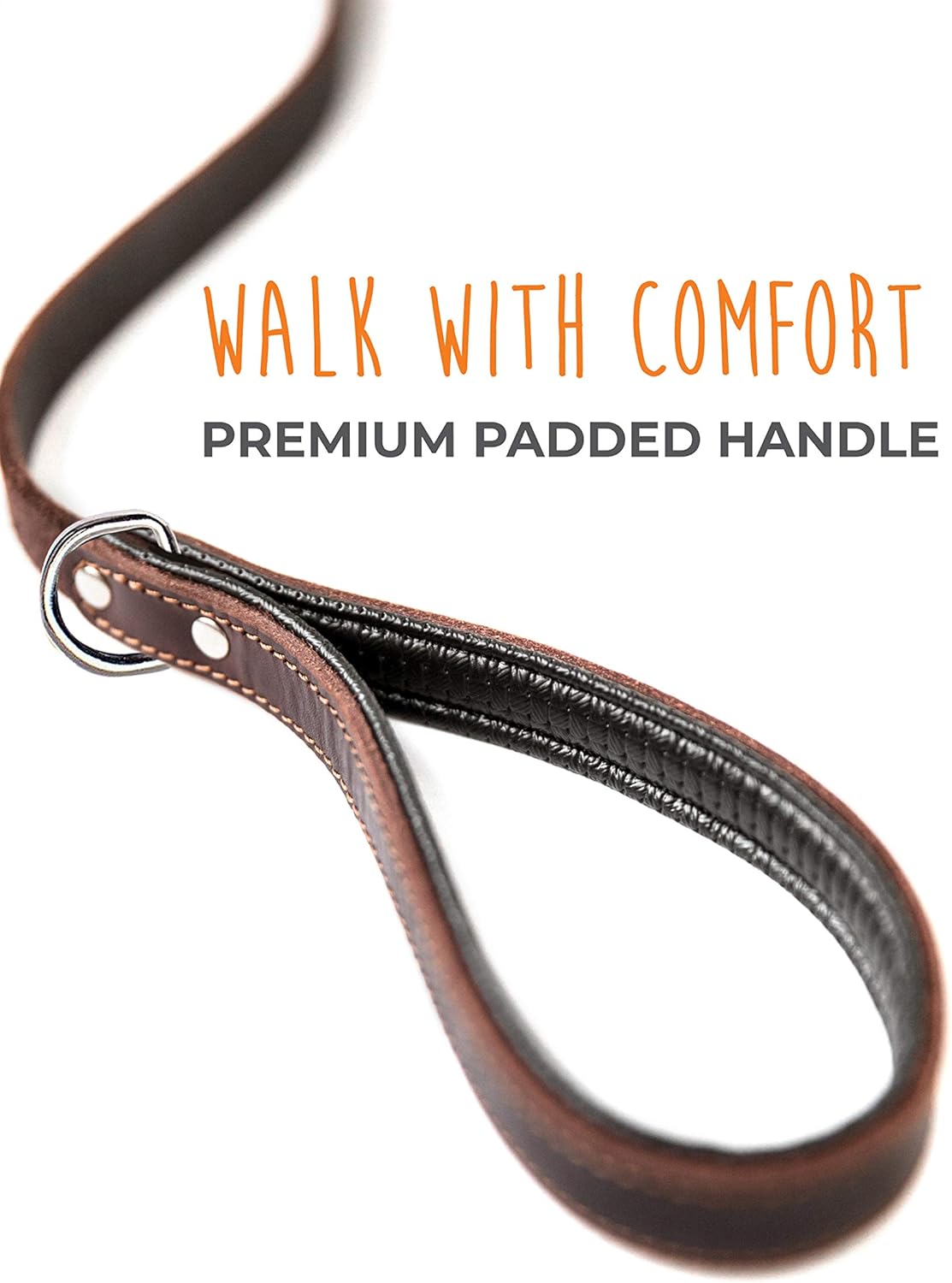 Mighty Paw Leather Dog Leash for Large Breeds - Soft Padded Handle - Extra D-Ring for Waste Bags - Strong Climbers Clip - 6 Ft Dog Leashes for Large Breeds - Leather Lead - Brown