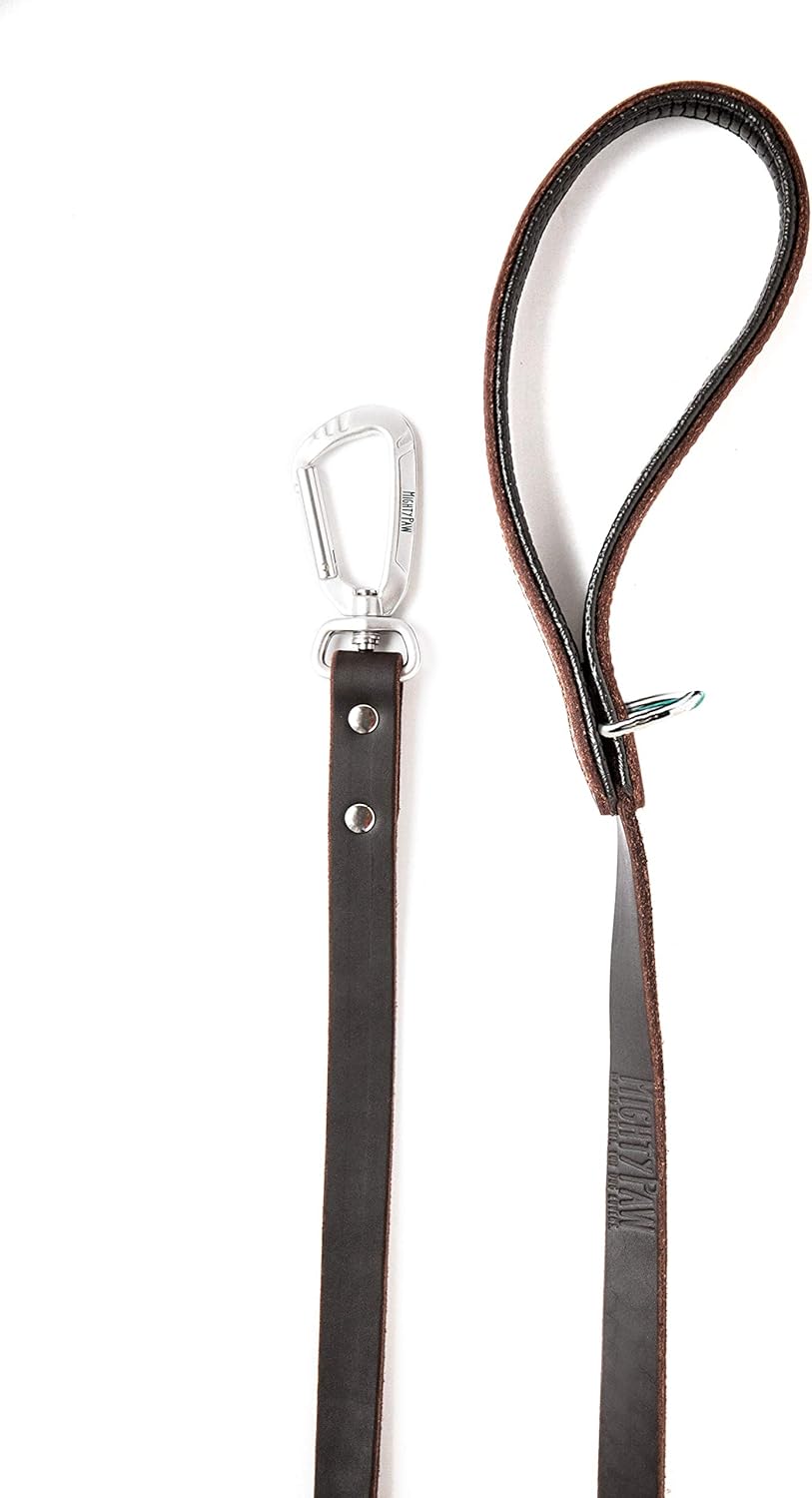 Mighty Paw Leather Dog Leash for Large Breeds - Soft Padded Handle - Extra D-Ring for Waste Bags - Strong Climbers Clip - 6 Ft Dog Leashes for Large Breeds - Leather Lead - Brown