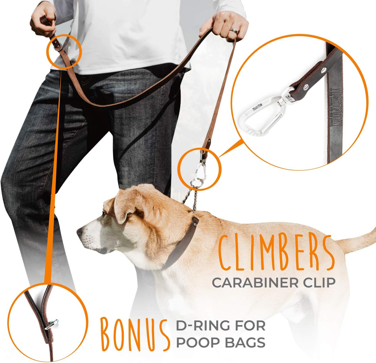 Mighty Paw Leather Dog Leash for Large Breeds - Soft Padded Handle - Extra D-Ring for Waste Bags - Strong Climbers Clip - 6 Ft Dog Leashes for Large Breeds - Leather Lead - Brown