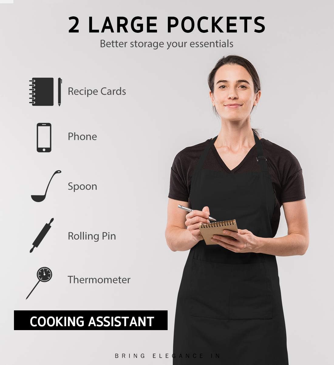 Syntus Adjustable Bib Apron with 2 Pockets Cooking Kitchen Aprons for Women Men Chef Basic Black 2 Polyester