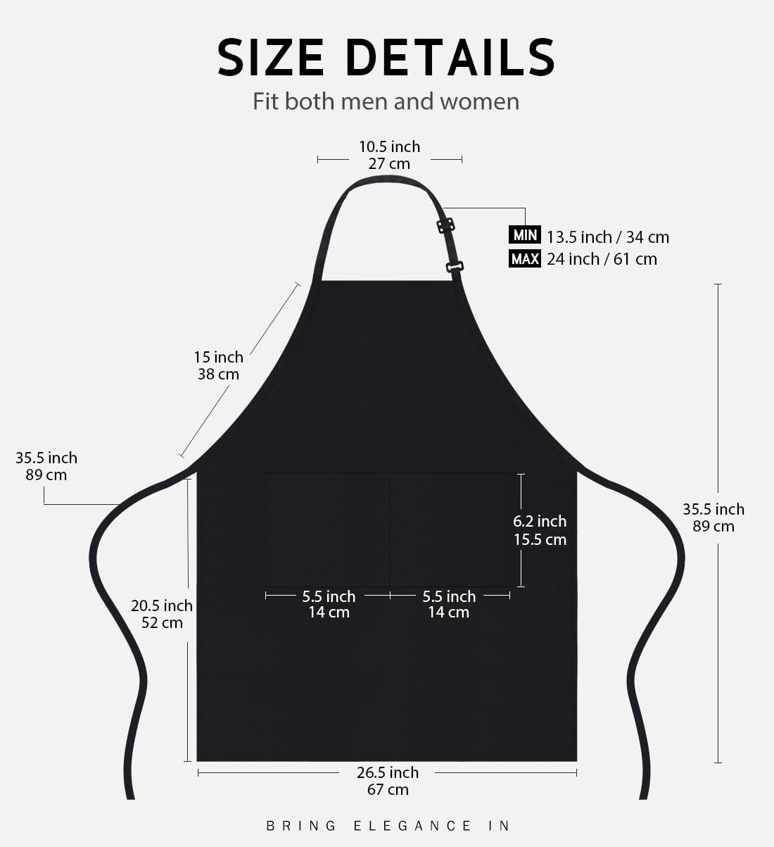 Syntus Adjustable Bib Apron with 2 Pockets Cooking Kitchen Aprons for Women Men Chef Basic Black 2 Polyester