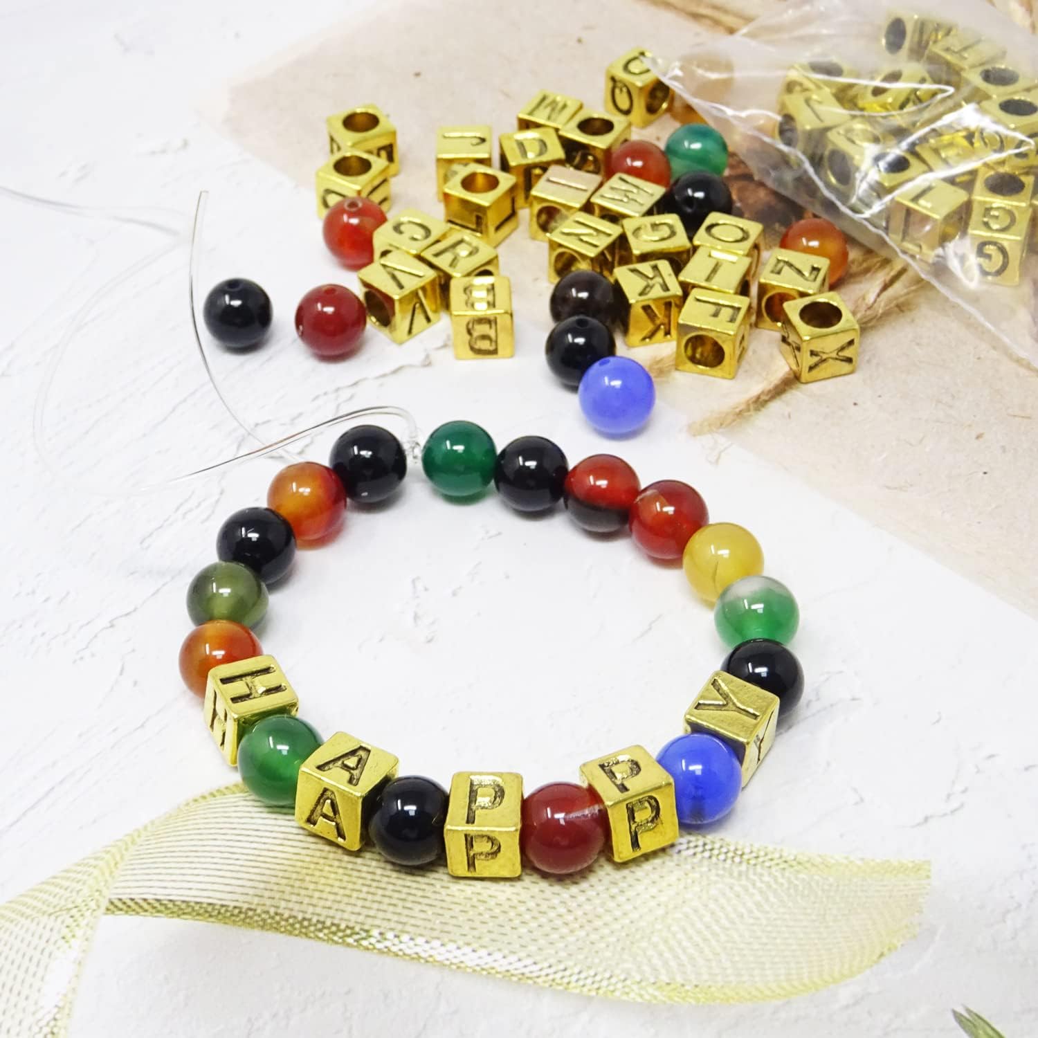 Honbay 78PCS 7mm Metal Letter Beads A-Z Alphabet Cube Beads Jewelry Making Spacer Beads Big Hole Beads for DIY Crafts and Jewelry Making (Antique Gold)