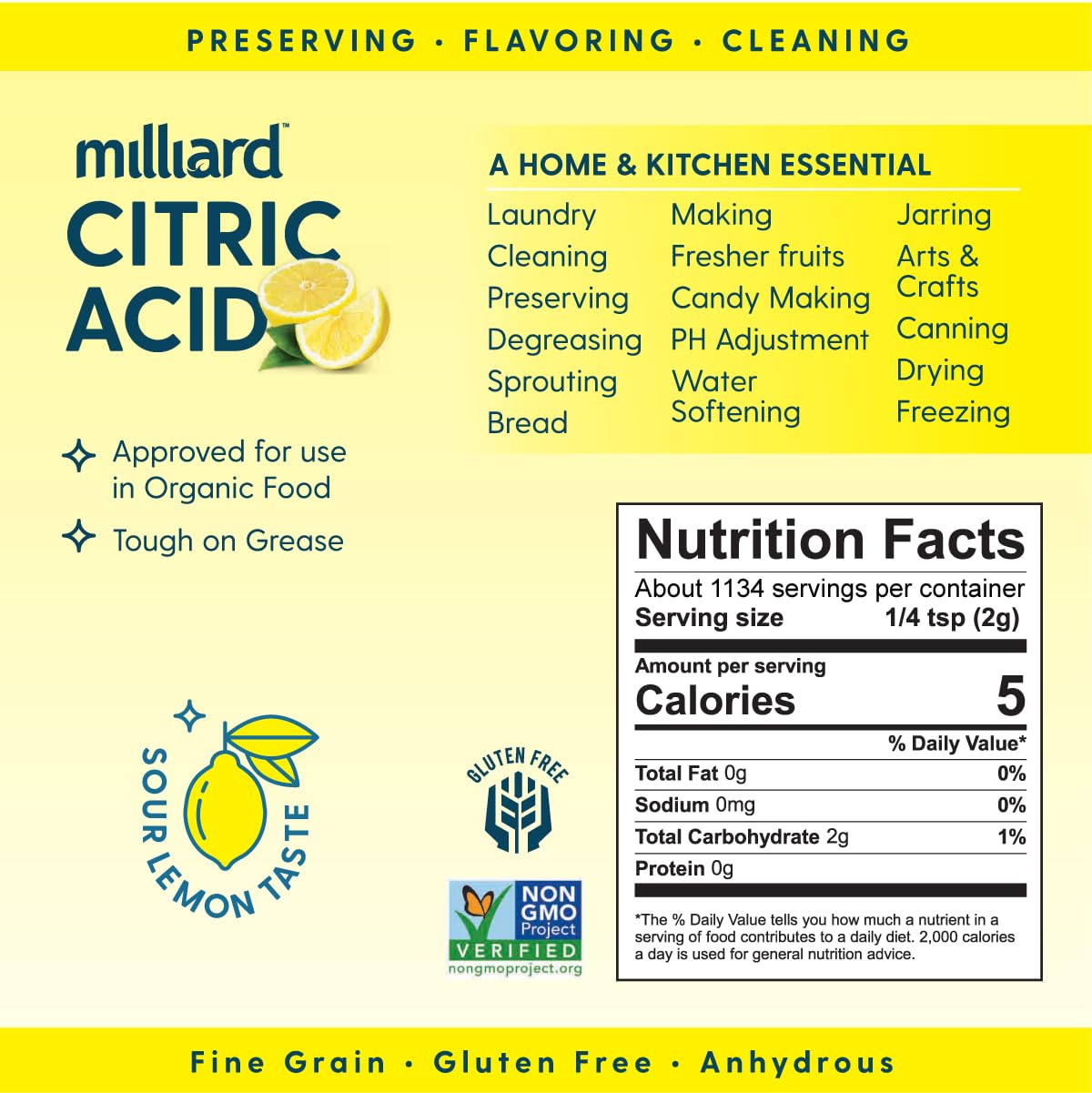 Milliard Citric Acid 5 Pound - 100% Pure Food Grade Non-GMO Project Verified (5 Pound)