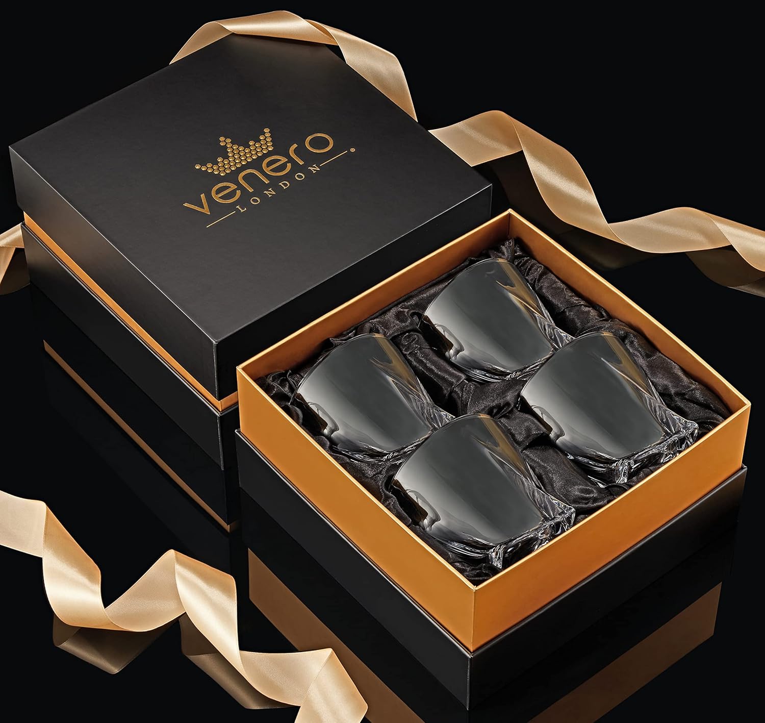 Venero Crystal Whiskey Glasses, Set of 4 Bourbon Glasses in Luxury Satin-Lined Gift Box - 10 oz Scotch Glass Tumblers - Rocks Glasses for Drinking Bourbon, Scotch Whisky, Cocktails, Cognac