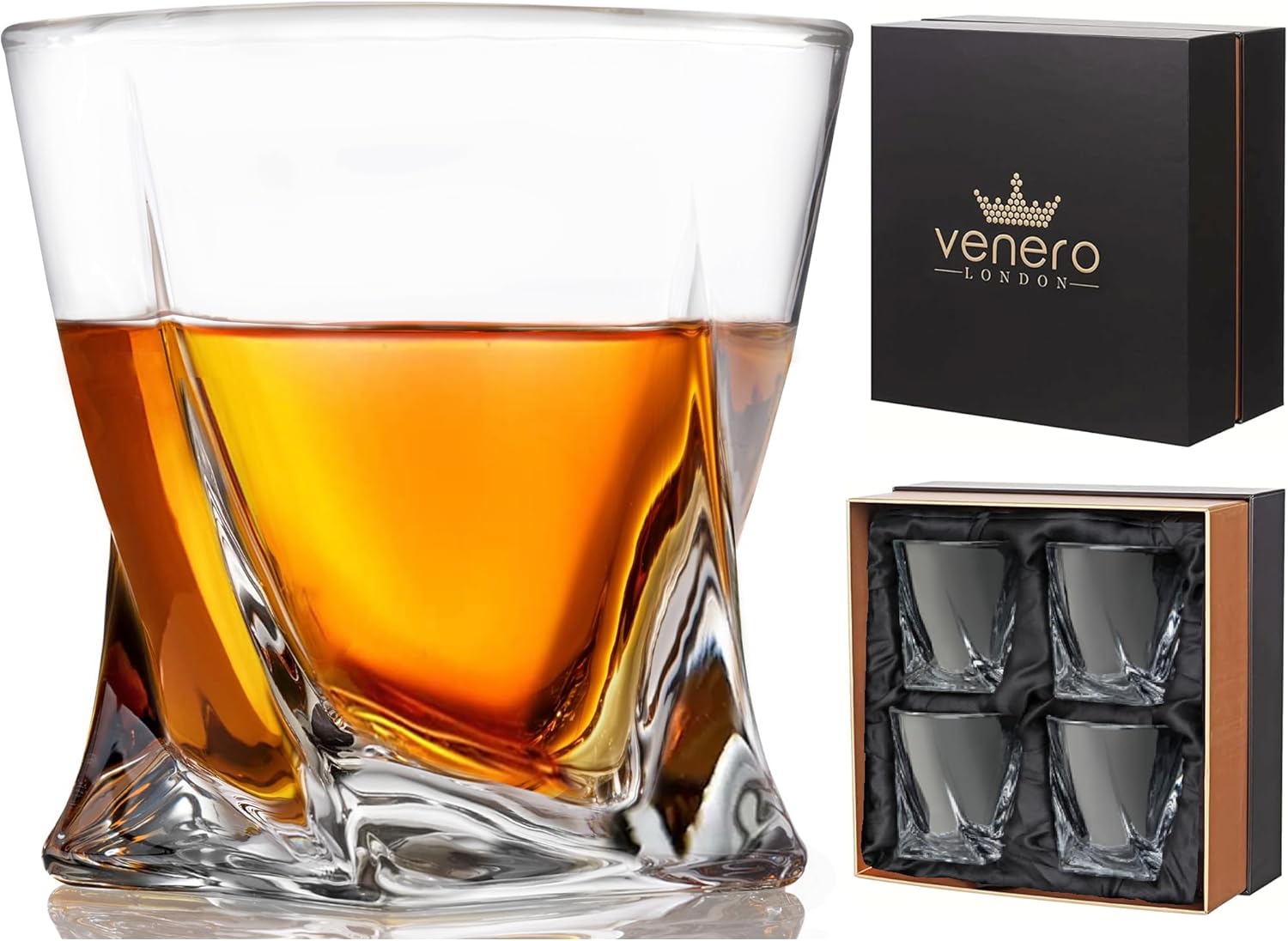 Venero Crystal Whiskey Glasses, Set of 4 Bourbon Glasses in Luxury Satin-Lined Gift Box - 10 oz Scotch Glass Tumblers - Rocks Glasses for Drinking Bourbon, Scotch Whisky, Cocktails, Cognac