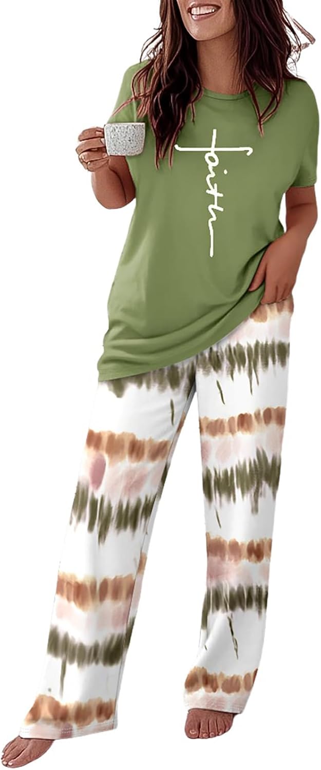 CHICME Womens Pajamas Sets 2 Piece Short Sleeve Lounge Set Printed Loose Pants Pj Sets Loungewear Set A-ombre Green X-Large