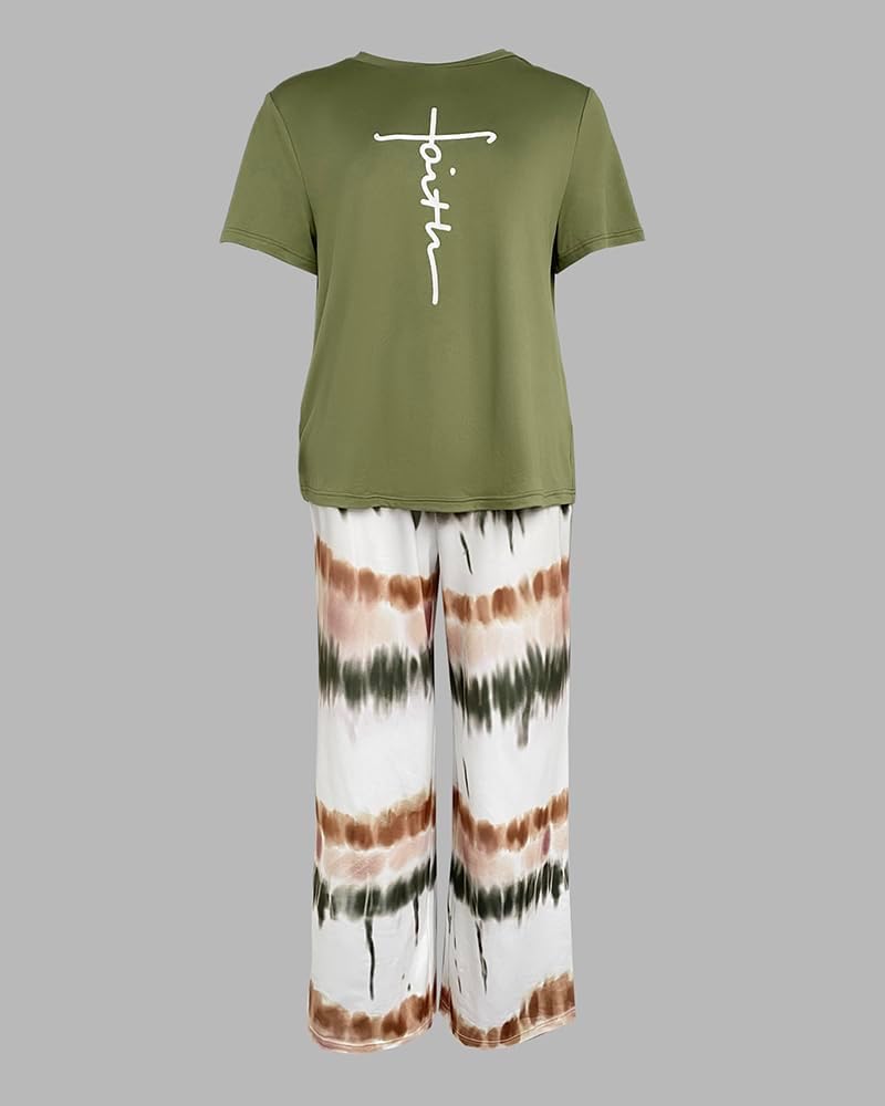 CHICME Womens Pajamas Sets 2 Piece Short Sleeve Lounge Set Printed Loose Pants Pj Sets Loungewear Set A-ombre Green X-Large