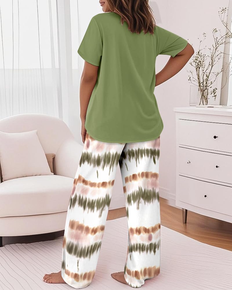 CHICME Womens Pajamas Sets 2 Piece Short Sleeve Lounge Set Printed Loose Pants Pj Sets Loungewear Set A-ombre Green X-Large
