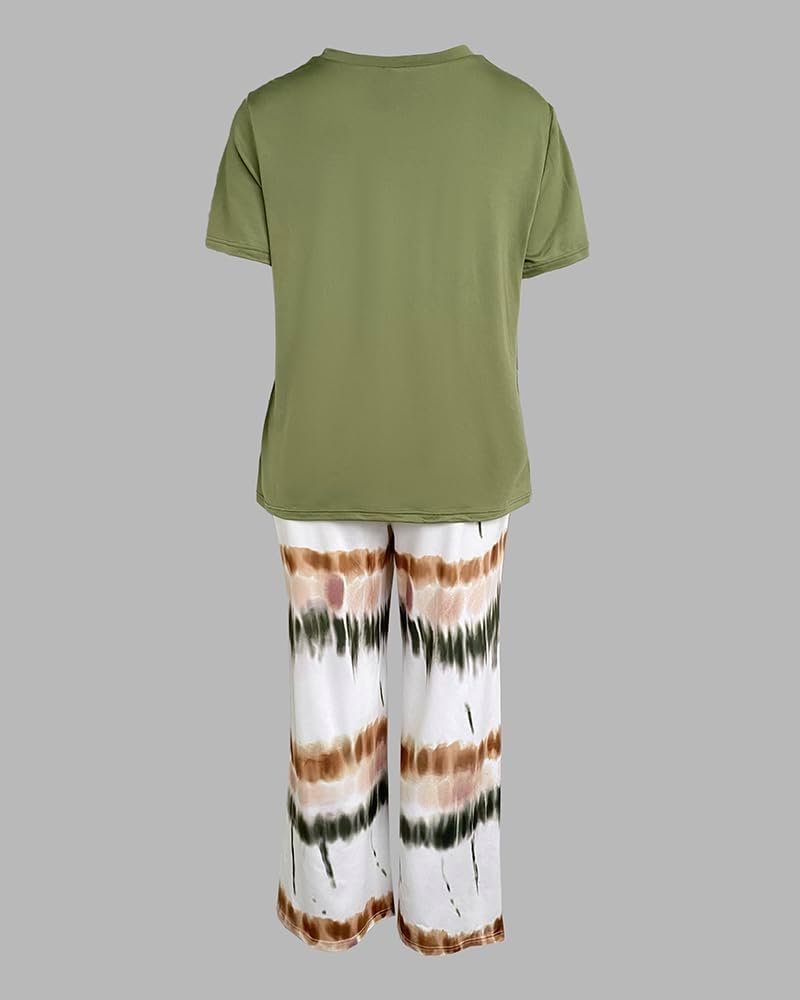 CHICME Womens Pajamas Sets 2 Piece Short Sleeve Lounge Set Printed Loose Pants Pj Sets Loungewear Set A-ombre Green X-Large