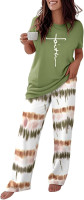 CHICME Womens Pajamas Sets 2 Piece Short Sleeve Lounge Set Printed Loose Pants Pj Sets Loungewear Set A-ombre Green X-Large
