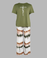 CHICME Womens Pajamas Sets 2 Piece Short Sleeve Lounge Set Printed Loose Pants Pj Sets Loungewear Set A-ombre Green X-Large