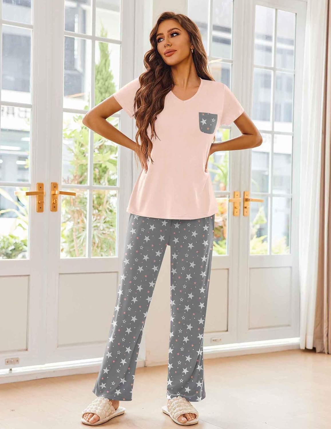Ekouaer Pajama Sets For Women 2 Piece Short Sleeve Pj Sets With Long Printed Pants Sleepwear Casual Loose Lounge Sets Large Pink-grey Star