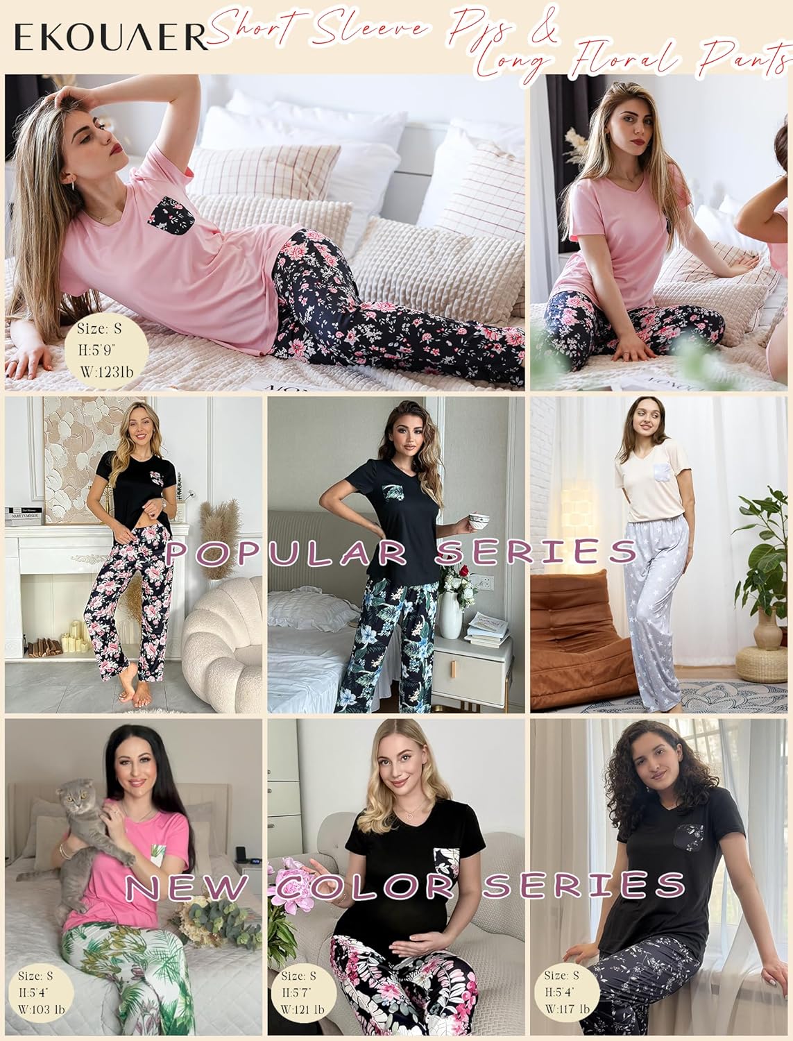 Ekouaer Pajama Sets For Women 2 Piece Short Sleeve Pj Sets With Long Printed Pants Sleepwear Casual Loose Lounge Sets Large Pink-grey Star