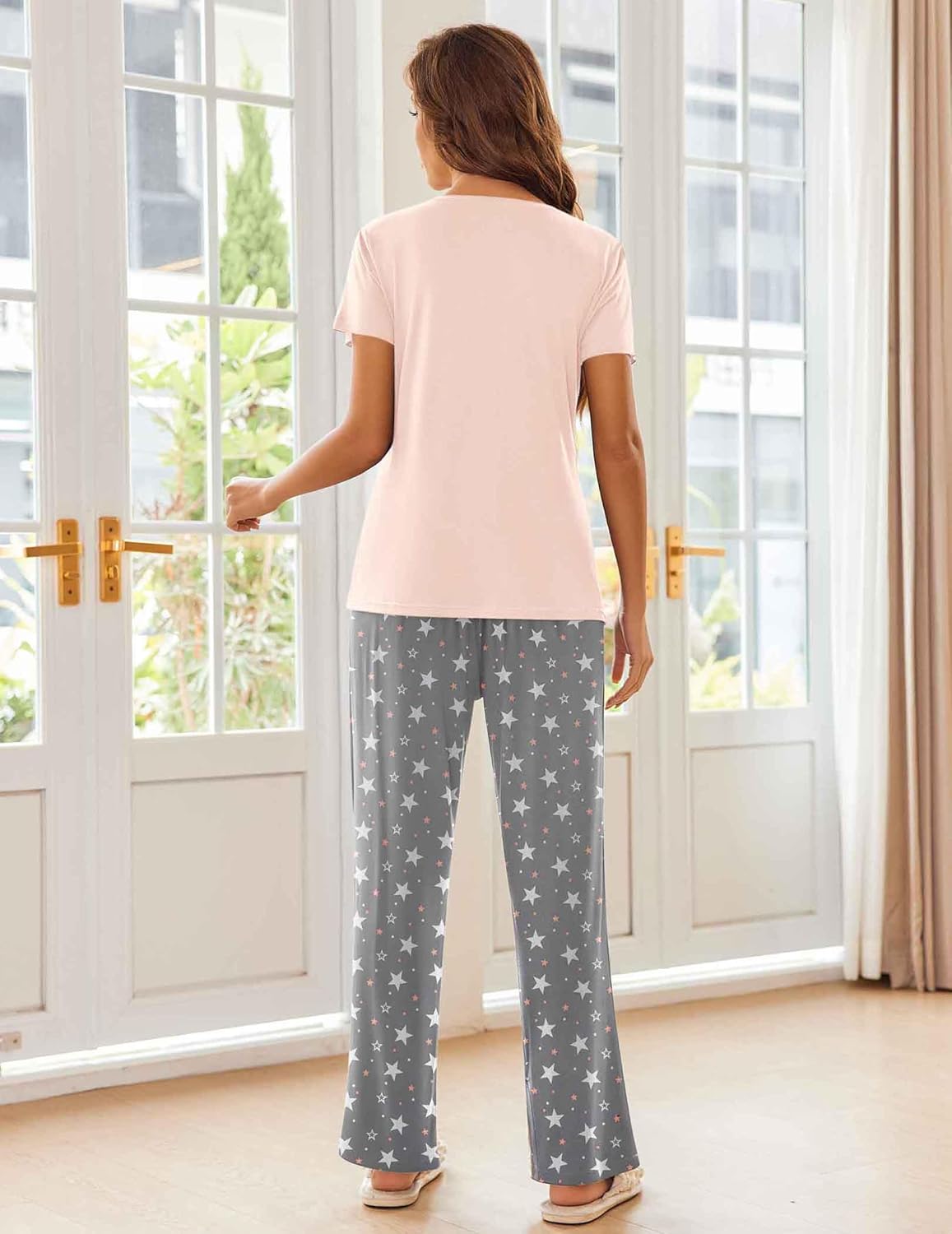 Ekouaer Pajama Sets For Women 2 Piece Short Sleeve Pj Sets With Long Printed Pants Sleepwear Casual Loose Lounge Sets Large Pink-grey Star