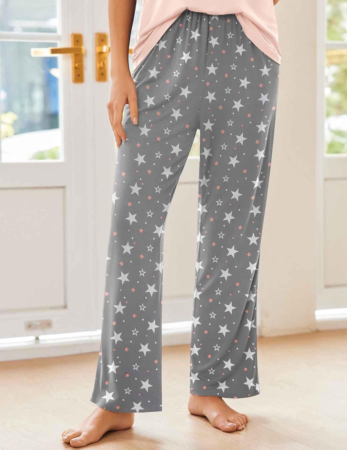 Ekouaer Pajama Sets For Women 2 Piece Short Sleeve Pj Sets With Long Printed Pants Sleepwear Casual Loose Lounge Sets Large Pink-grey Star