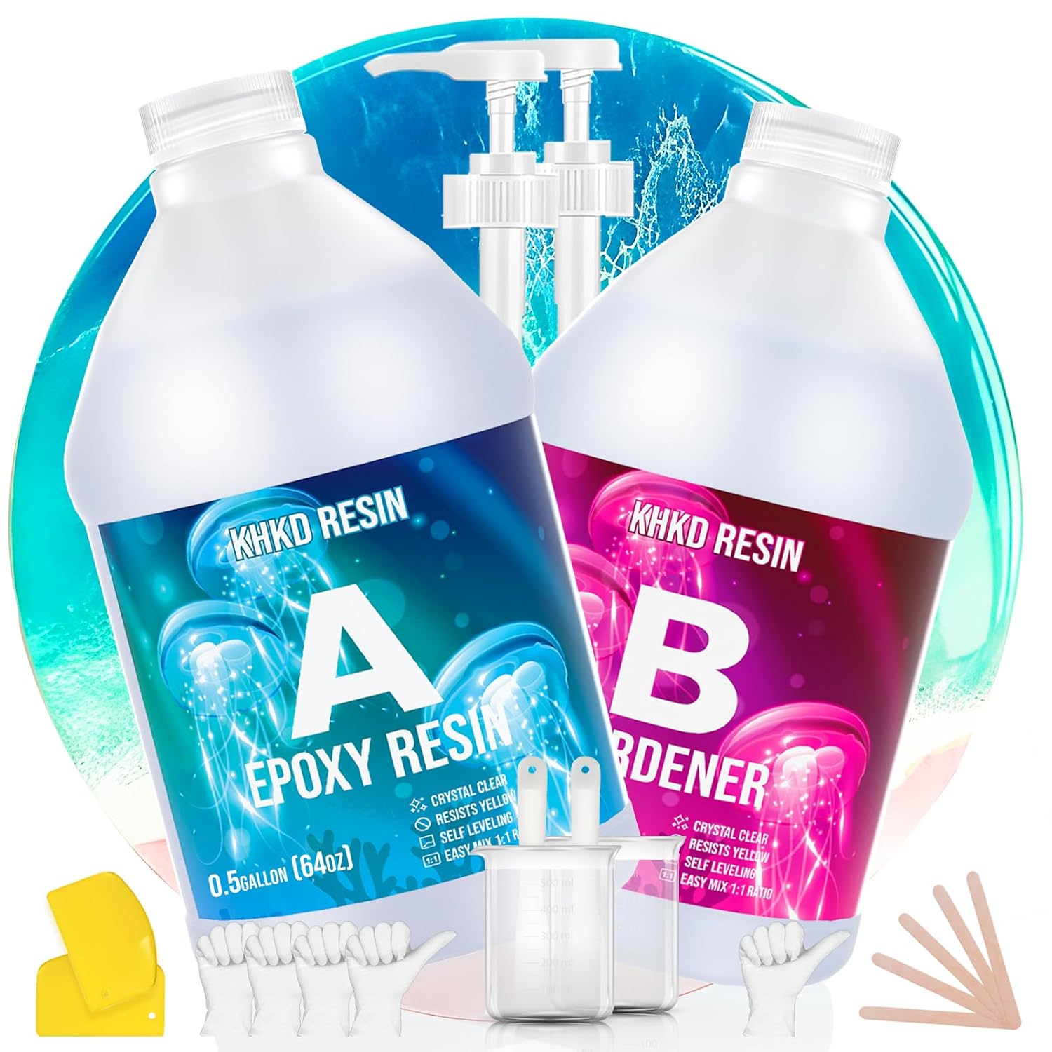 Resin Epoxy, KHKD RESIN 1 Gallon Epoxy Resin Kit- 2 Part Crystal Clear Resina Epoxica - High Gloss Odorless, UV & Impact Resistance Food Grade Epoxy Perfect for DIY Crafts, Jewelry, Art Coating B-1 Gallon