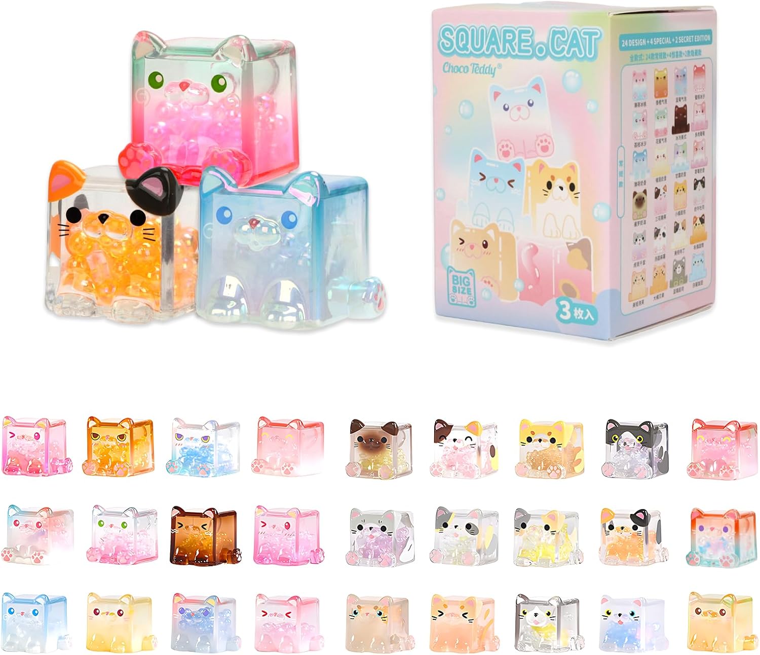 Square Cat Series Blind Box (3 Figures per Box) Random Design Action Figure Cute Animal Blind Bag Collectible Toy - Styles Vary Mini Cats Figures Mystery Bag for Cat Lovers Birthday Gifts & Desk Decor 3 Figures(Big)