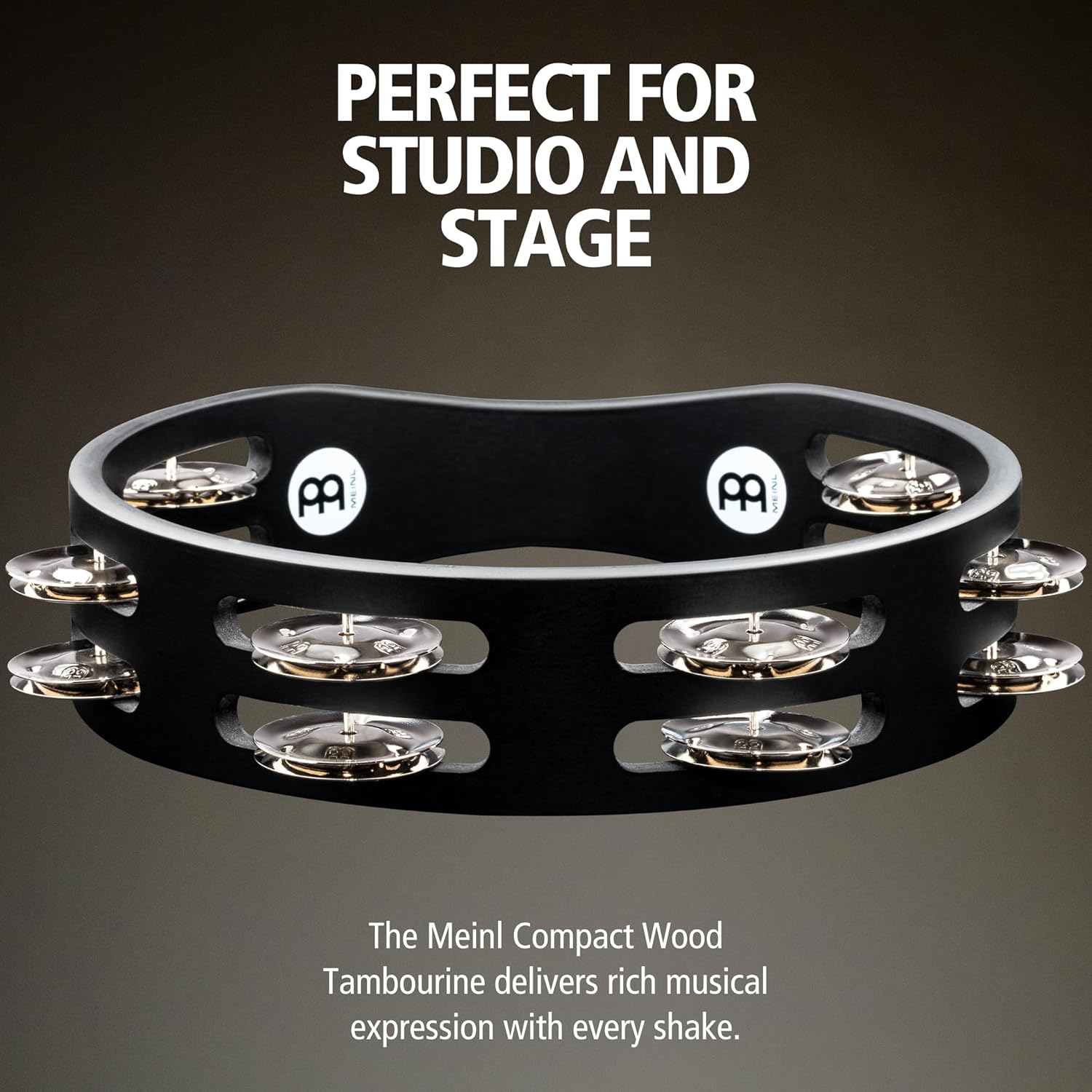 Meinl Percussion Compact Wood Tambourine with Plated Steel Jingles, Double Row — NOT Made in China — for All Musicians, 2-Year Warranty (CTA2S-BK) Black Plated steel