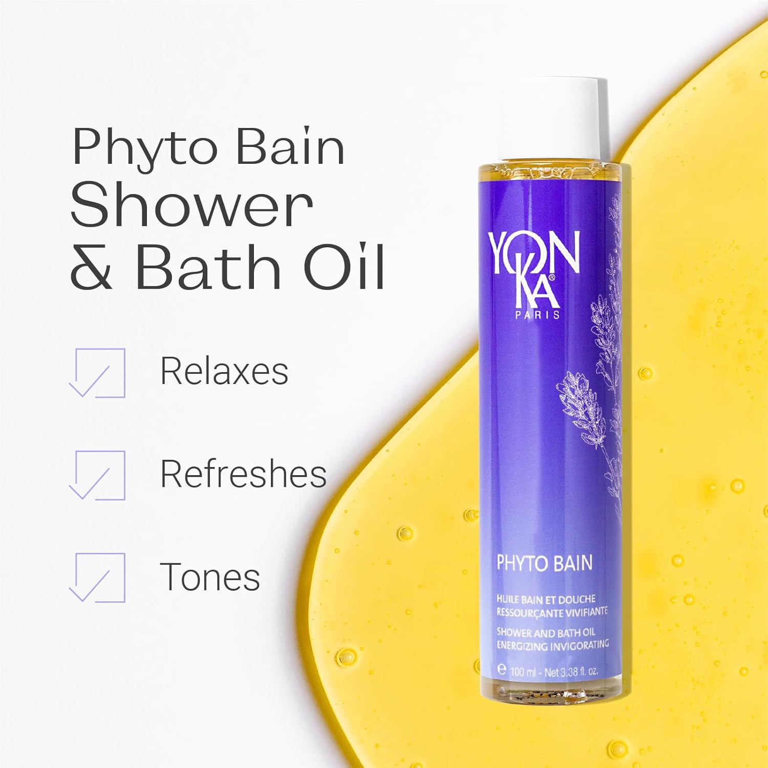 Yon-Ka French Lavender Bath Oil | Phyto Bain Relaxing and Toning Aromatherapy Oil for Dry Skin | Boosts Microcirculation for Wellness | Luxurious Provence Lavender and Rosemary | 3.38 fl oz