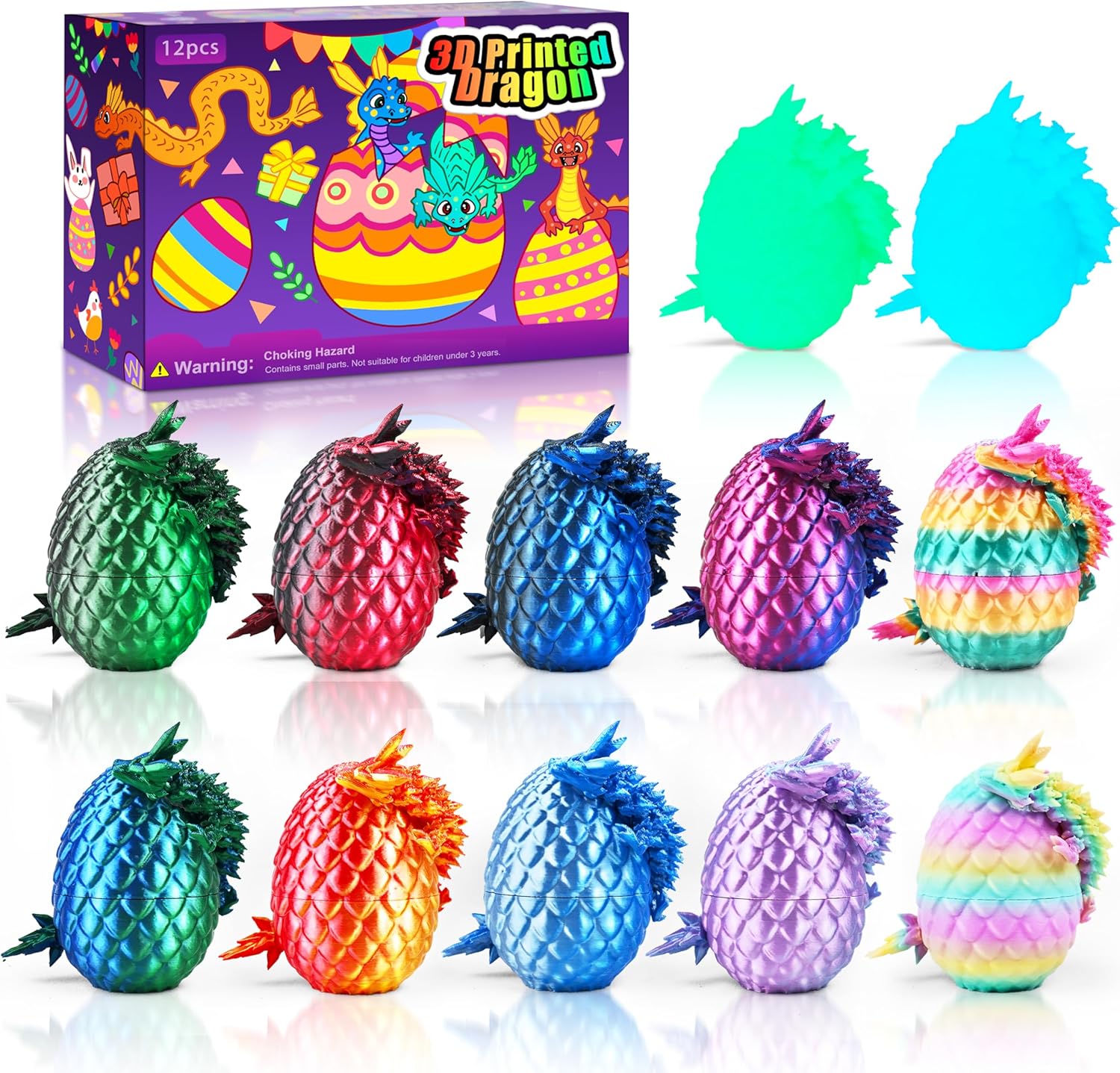 3D Printed Mini Dragon Eggs Set with Dragon Inside, Articulated Crystal Fidget Toy, Cool Stuff Fun Gifts for Adults, Teens, Boy, Easter Basket Stuffers, 12PCS Series A