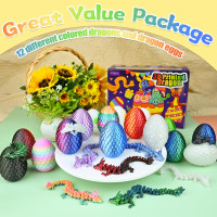 3D Printed Mini Dragon Eggs Set with Dragon Inside, Articulated Crystal Fidget Toy, Cool Stuff Fun Gifts for Adults, Teens, Boy, Easter Basket Stuffers, 12PCS Series A