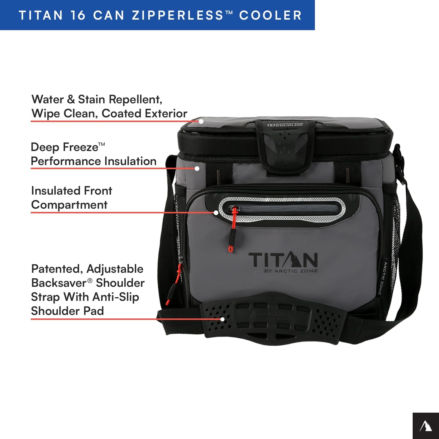 Titan by Arctic Zone Deep Freeze Cooler - Zipperless Hardbody Cooler - Deep Freeze Insulation, HardBody Liner, and SmartShelf 16 Can Sharkskin Gray