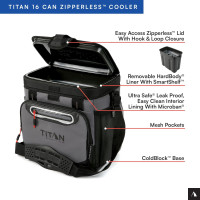 Titan by Arctic Zone Deep Freeze Cooler - Zipperless Hardbody Cooler - Deep Freeze Insulation, HardBody Liner, and SmartShelf 16 Can Sharkskin Gray