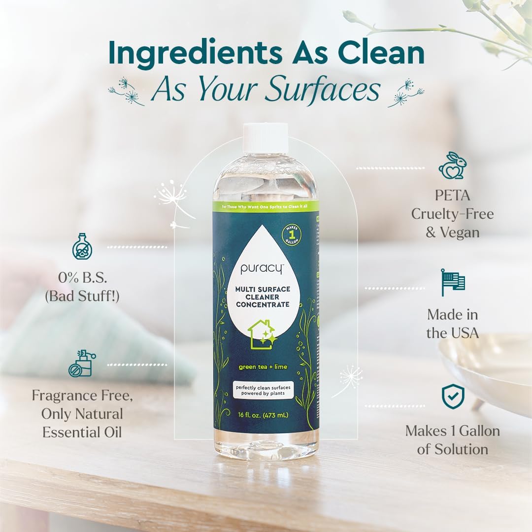 Puracy Multi-Surface Cleaner Concentrate - Plant-Powered All Purpose Cleaner - Surface Cleaner Solution As Seen on TikTok (Green Tea + Lime, 16 fl oz, 1 Pack) Green Tea & Lime 16 fl oz Concentrate