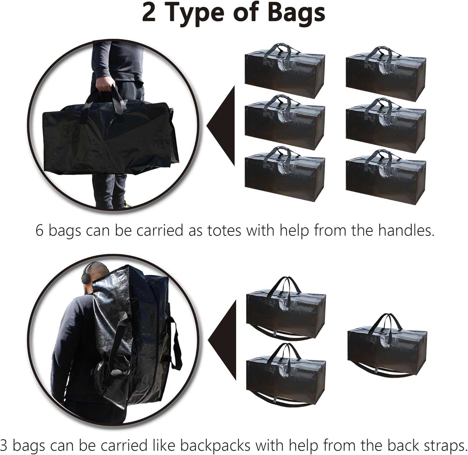 SUOCO Storage and Moving Bags 9 Pack, 3 Bags W/Backpack Straps, Heavy Duty Extra Large Clothing Containers for Clothes, Comforters, Blankets