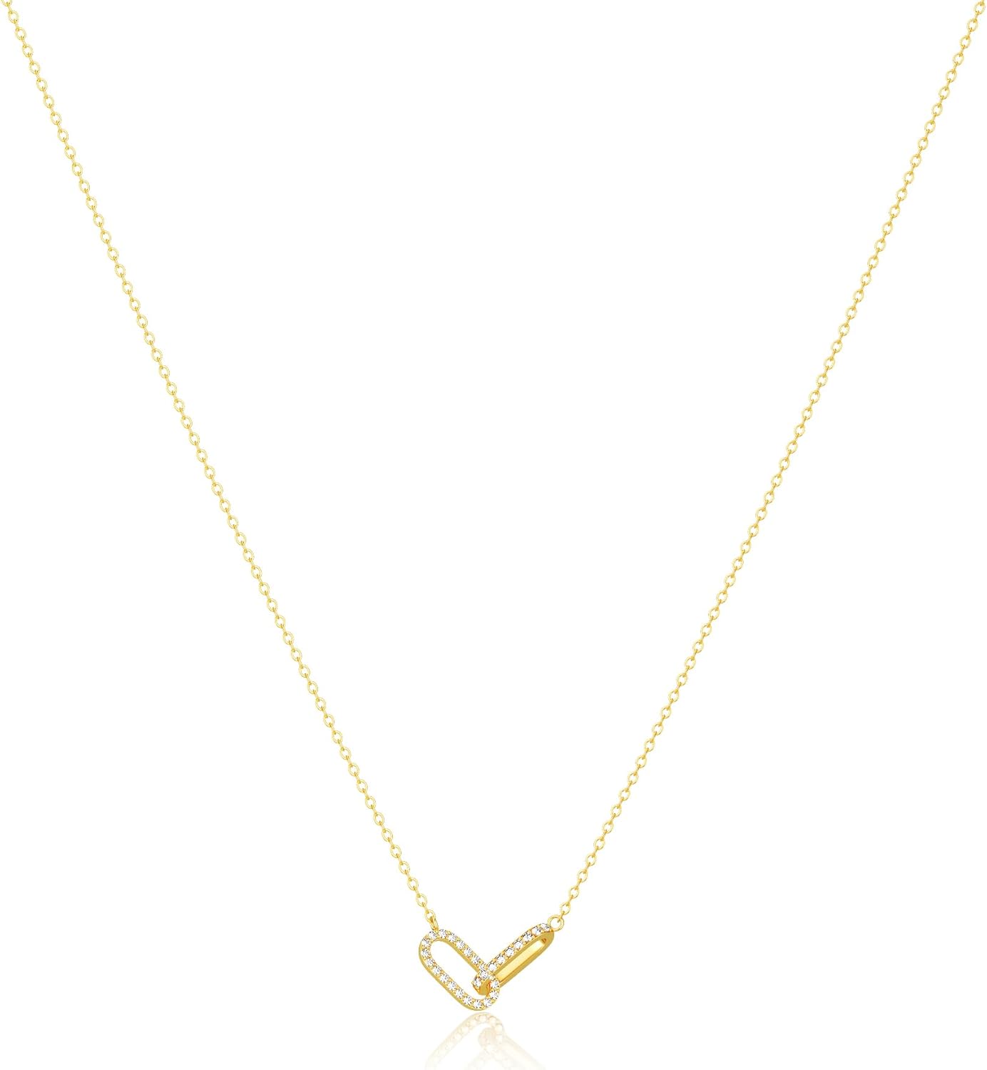 Freekiss Gold Pendant Necklace for Women, Dainty Diamond Necklaces for Women Simple 14K Gold Plated Paperclip Choker Necklaces Cute Minimalist Open Oval Necklaces Gold Jewelry for Women Gifts Gold CZ Paperclip-gold