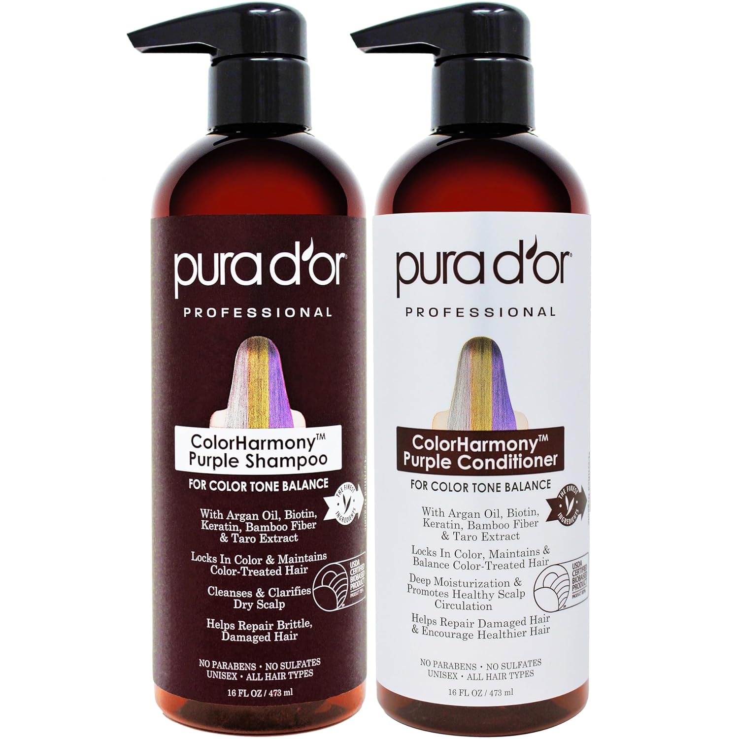 PURA D'OR Purple Shampoo & Conditioner (16oz x 2) ColorHarmony Biotin Set For Bleached, Blonde, Silver & Color Treated Hair - Keratin, Bamboo Fiber, No Sulfates - Men & Women 32 Fl Oz (Pack of 1) Shampoo & Conditioner