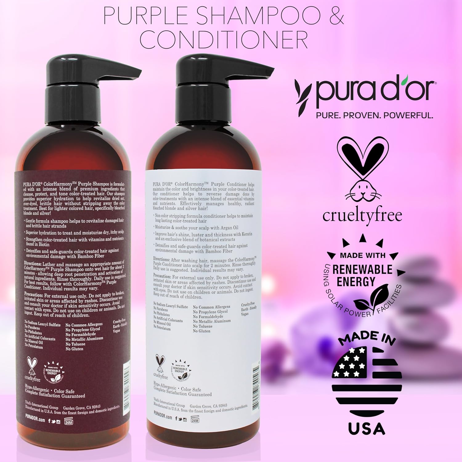 PURA D'OR Purple Shampoo & Conditioner (16oz x 2) ColorHarmony Biotin Set For Bleached, Blonde, Silver & Color Treated Hair - Keratin, Bamboo Fiber, No Sulfates - Men & Women 32 Fl Oz (Pack of 1) Shampoo & Conditioner