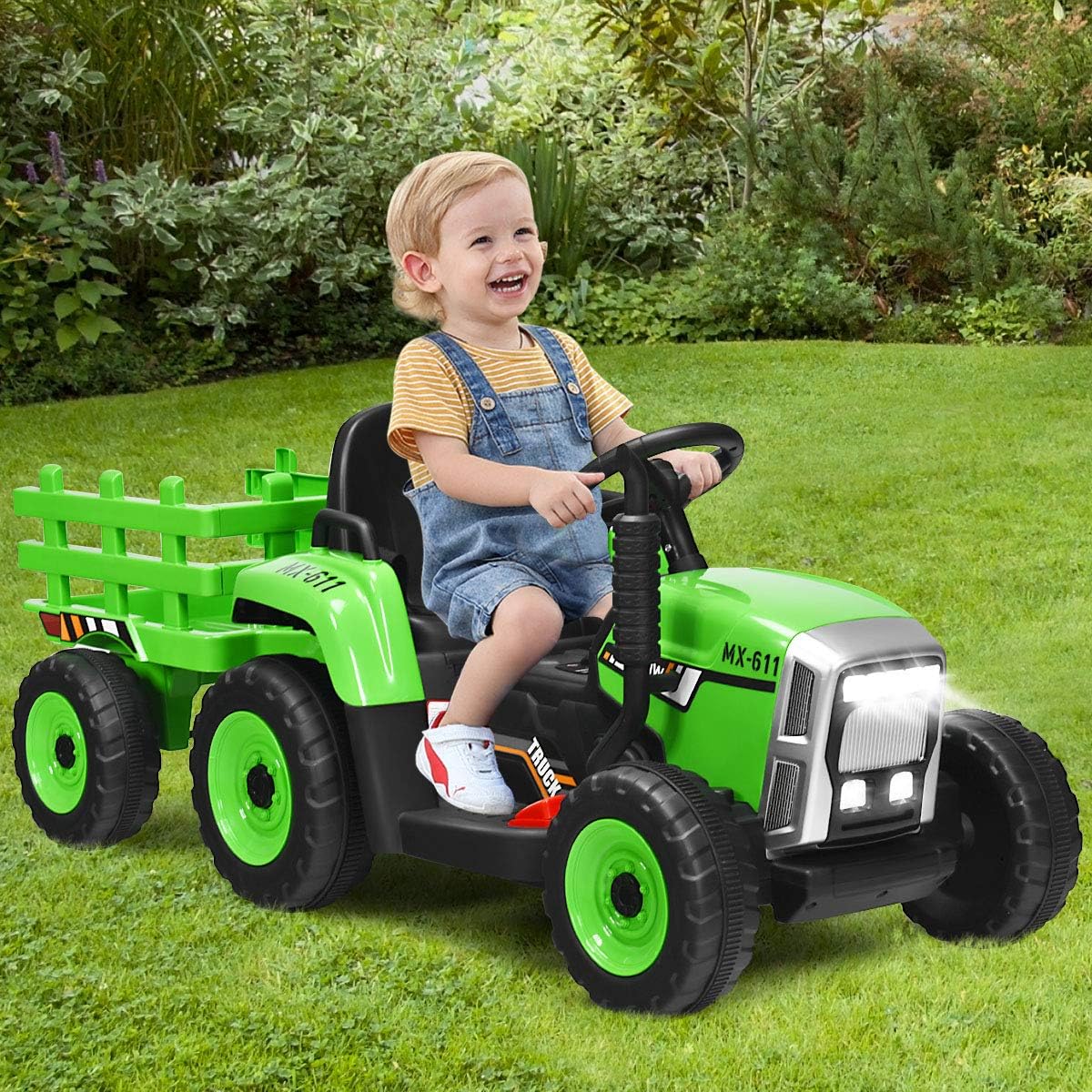 Costzon Ride on Tractor with Detachable Trailer, 12V Kids' Electric Vehicles w/3-Gear-Shift Ground Loader, Wireless Design & USB, 7 LED Headlights, Remote Control Tractor Toys for Kids 3+ (Green)