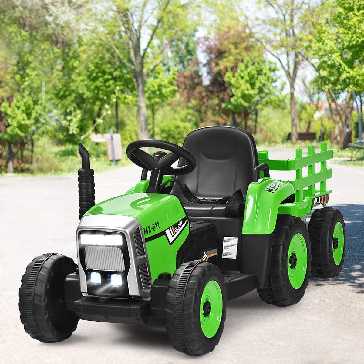 Costzon Ride on Tractor with Detachable Trailer, 12V Kids' Electric Vehicles w/3-Gear-Shift Ground Loader, Wireless Design & USB, 7 LED Headlights, Remote Control Tractor Toys for Kids 3+ (Green)