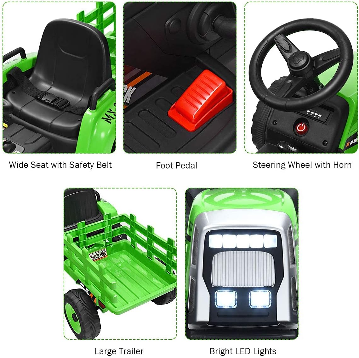 Costzon Ride on Tractor with Detachable Trailer, 12V Kids' Electric Vehicles w/3-Gear-Shift Ground Loader, Wireless Design & USB, 7 LED Headlights, Remote Control Tractor Toys for Kids 3+ (Green)