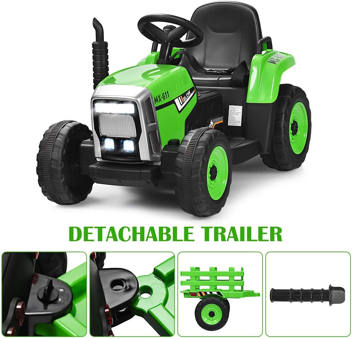 Costzon Ride on Tractor with Detachable Trailer, 12V Kids' Electric Vehicles w/3-Gear-Shift Ground Loader, Wireless Design & USB, 7 LED Headlights, Remote Control Tractor Toys for Kids 3+ (Green)