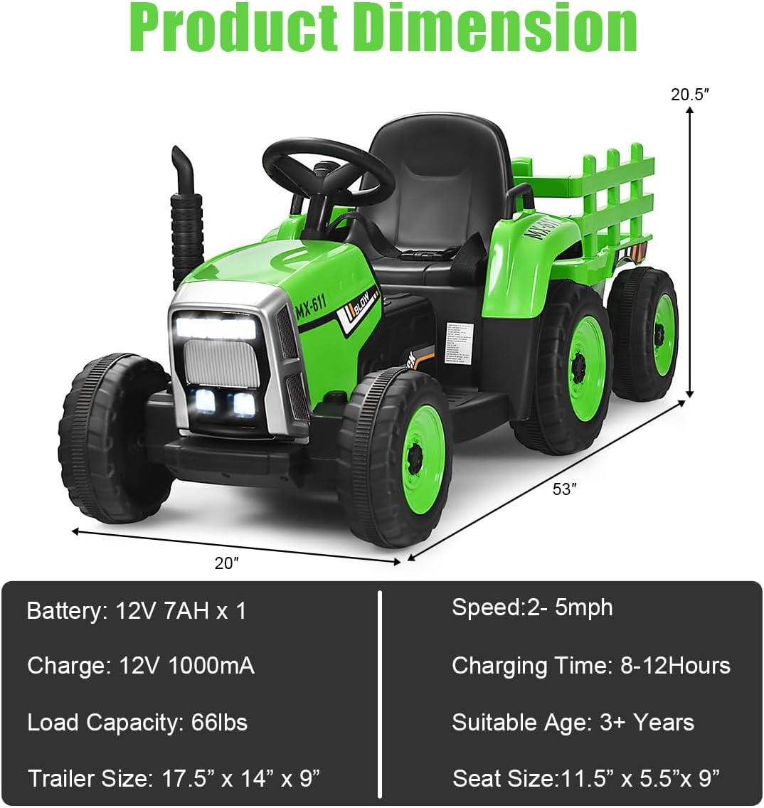 Costzon Ride on Tractor with Detachable Trailer, 12V Kids' Electric Vehicles w/3-Gear-Shift Ground Loader, Wireless Design & USB, 7 LED Headlights, Remote Control Tractor Toys for Kids 3+ (Green)